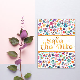 Elegant Gold and White Wildflower Save the Date Postcard