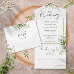 Elegant Gold Arch Botanical Greenery Wedding All In One Invitation<br><div class="desc">All in one wedding invitation featuring botanical greenery rustic leaves falling across a gold arch enclosing elegant typography. The invitation includes a perforated RSVP card that can be individually addressed or left blank for you to handwrite your guest's address details. Designed by Thisisnotme©</div>