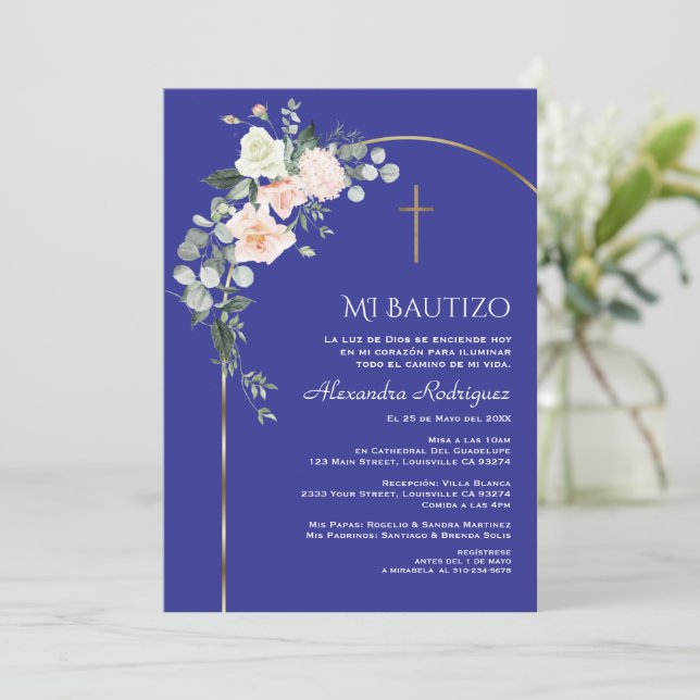 Elegant Gold Arch Floral Blue Spanish Bautizo  Invitation (Standing Front)