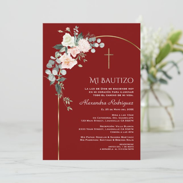 Elegant Gold Arch Floral Burgundy Spanish Bautizo  Invitation (Standing Front)