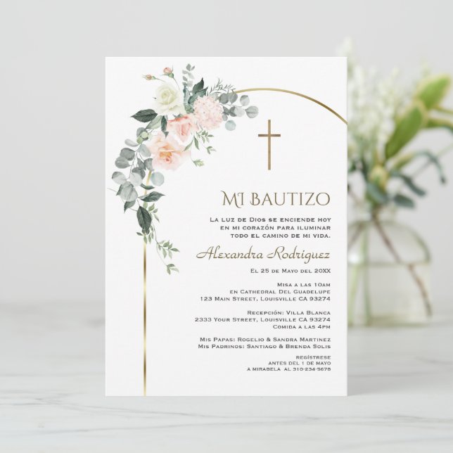 Elegant Gold Arch Floral Spanish Bautizo  Invitation (Standing Front)