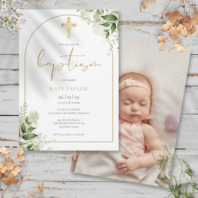 Elegant Gold Arch Greenery Floral Photo Baptism Invitation (Elegant Gold Arch Greenery Floral Photo Baptism Invitation)