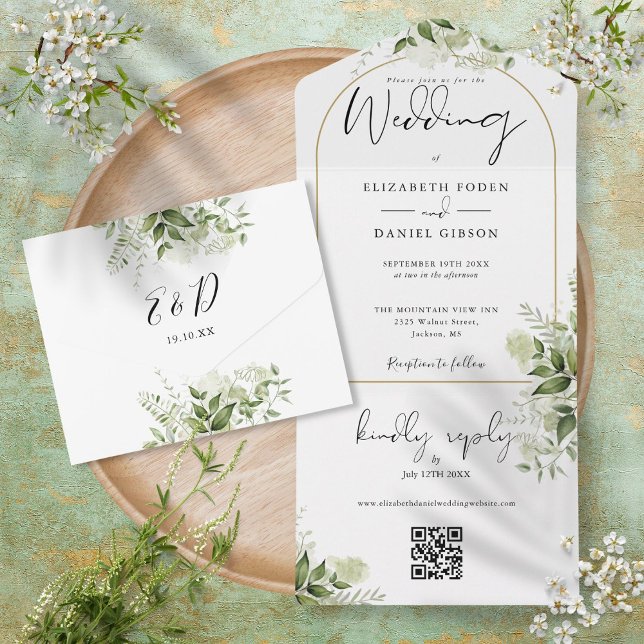 Elegant Gold Arch Greenery Floral QR Code Wedding All In One Invitation (Creator Uploaded)