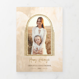 Elegant Gold Arch Happy Holidays Script Photo Tri-Fold Card