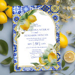 Elegant Gold Arch Italian Blue Tile Lemons Wedding Invitation<br><div class="desc">Mediterranean-inspired design with bright blue and yellow Italian Amalfi coast-style tiles with watercolor-painted lemons and faux gold glitter arched frame.</div>