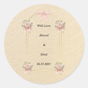 Elegant Gold Arch Pink Floral Pearl Wedding Favour Classic Round Sticker