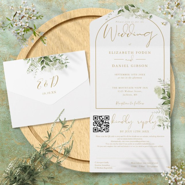 Elegant Gold Arch QR Code Greenery Wedding All In One Invitation (Elegant Gold Arch QR Code Greenery Wedding All In One Invitation)