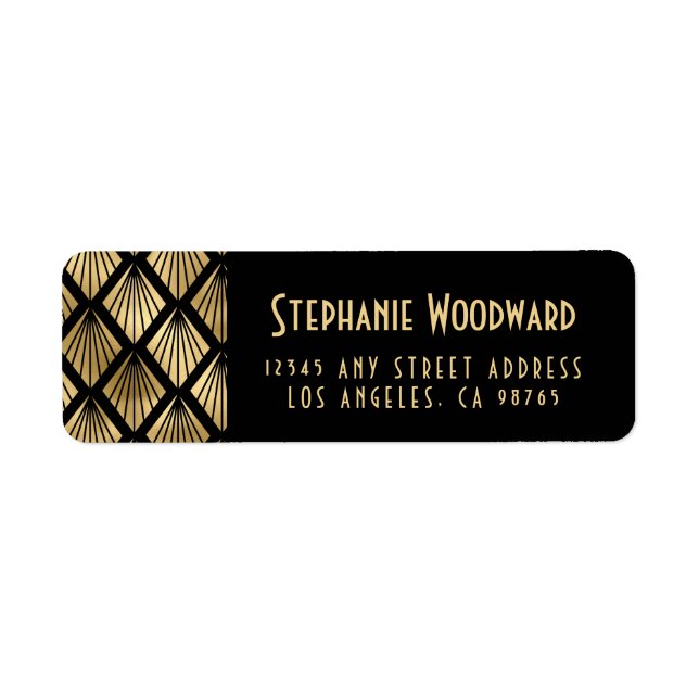Elegant Gold Art Deco Fans Black Return Address (Front)