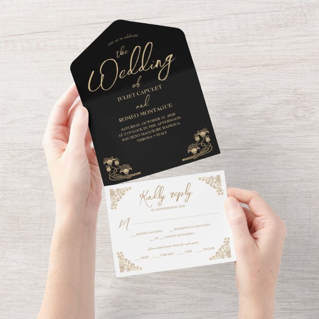 Elegant gold Art Deco on black All In One wedding  All In One Invitation (Tearaway)