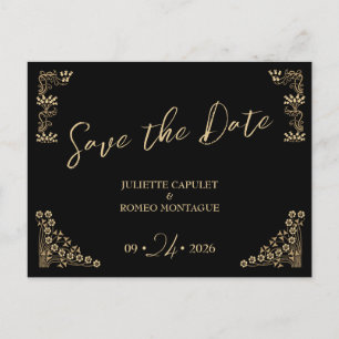 Elegant gold Art Deco on black save the date Postcard