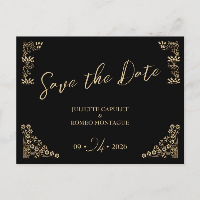 Elegant gold Art Deco on black save the date Postcard (Front)