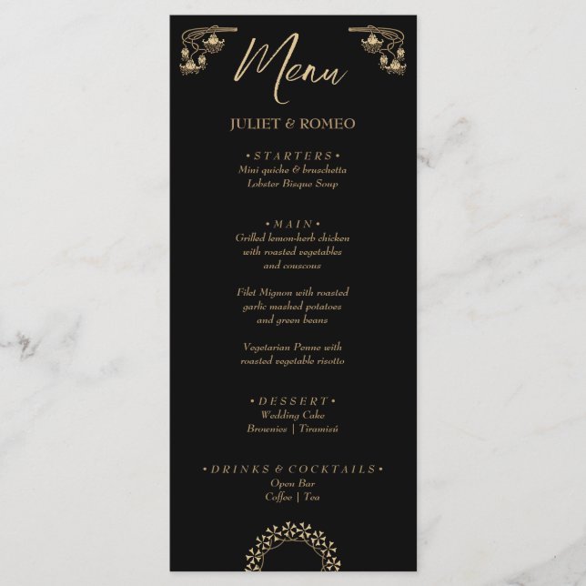 Elegant gold Art Deco on black wedding menu (Front)