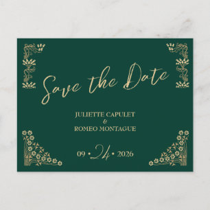 Elegant gold Art Deco on green save the date Postcard