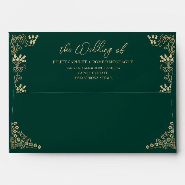 Elegant gold Art Deco on green wedding invitation Envelope (Back (Top Flap))
