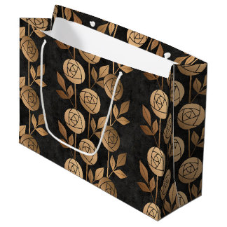 Elegant Gold Art Deco Roses Black Large Gift Bag