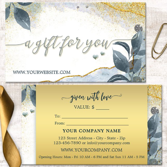 Elegant Gold Artistic Leaves Gift Certificate (Business card size gift certificate featuring an artistic design with leaves on gold sparkles)