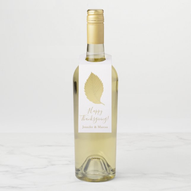 Elegant Gold Autumn Leaf - Happy Thanksgiving Bottle Tag (On Bottle)