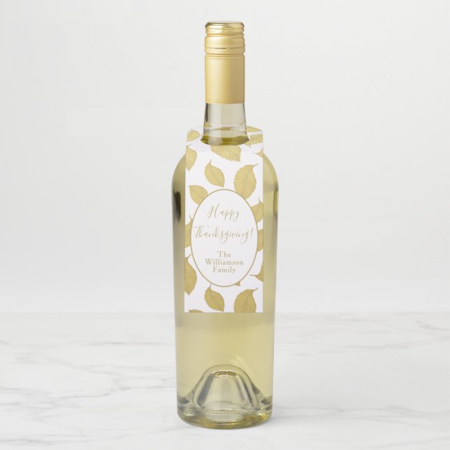 Elegant Gold Autumn Leaves - Happy Thanksgiving Bottle Tag (On Bottle)
