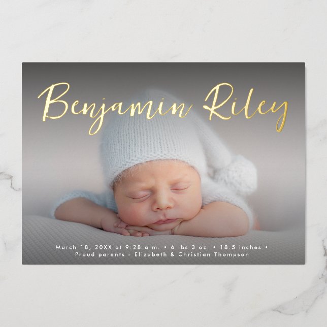 Elegant Gold Baby Boy Photo Custom Birth Stats Foil Holiday Card (Front)