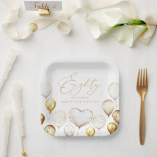 Elegant Gold Balloon 80th Birthday Party Paper Plate