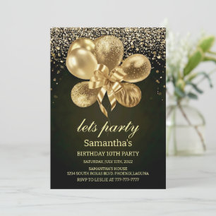 Elegant Gold Balloons on Black 10th Birthday Party Invitation