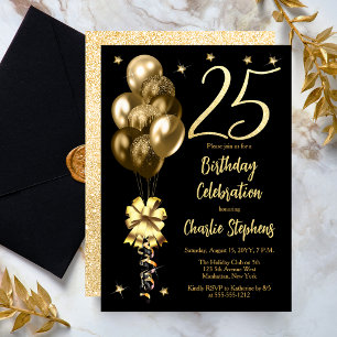 Elegant Gold Balloons on Black 25th Birthday Party Invitation