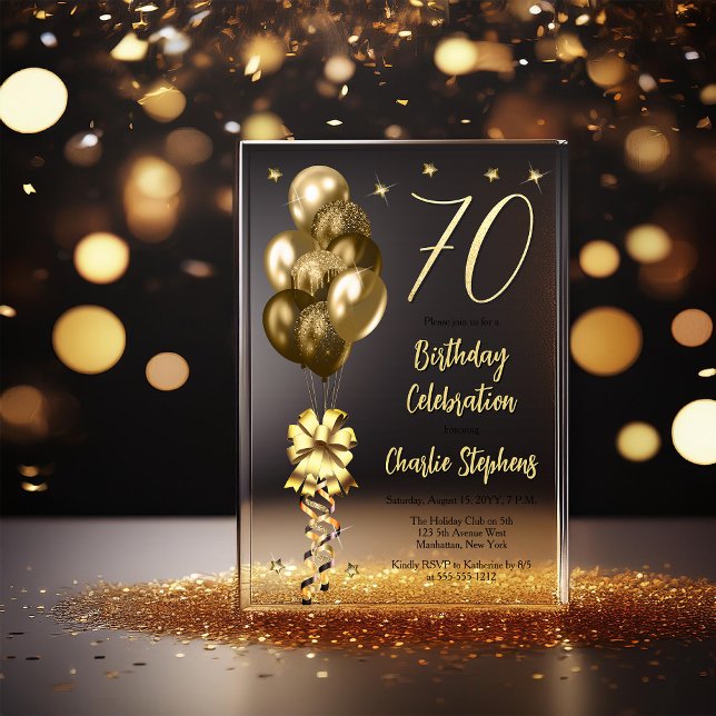 Elegant Gold Balloons on Black 70th Birthday Party Acrylic Invitations (Elegant Faux Gold Glitter Accented Balloons on Fade to Black Backing 70th Birthday Acrylic Invite)