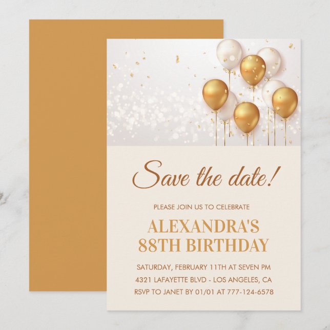 Elegant Gold Balloons Save the date 88th birthday Invitation (Front/Back)