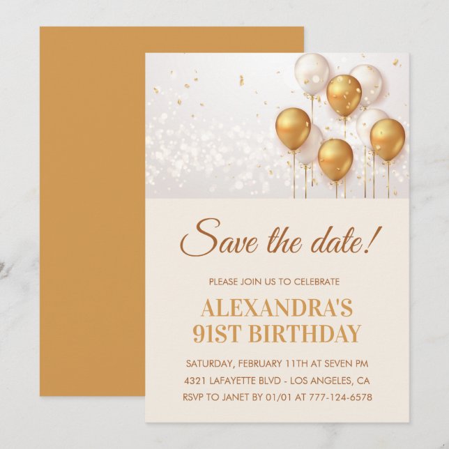 Elegant Gold Balloons Save the date 91st birthday Invitation (Front/Back)