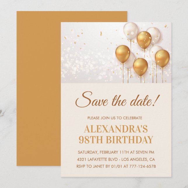 Elegant Gold Balloons Save the date 98th birthday Invitation (Front/Back)