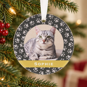 Elegant Gold Banner Cat Photo Paw Print Keepsake Ornament