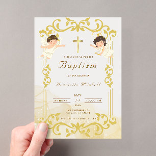 Elegant Gold Baptism Invitation with Angels & Cros