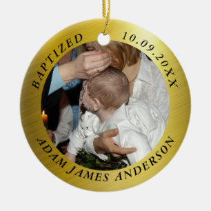Elegant Gold Baptism Photo Ceramic Ornament