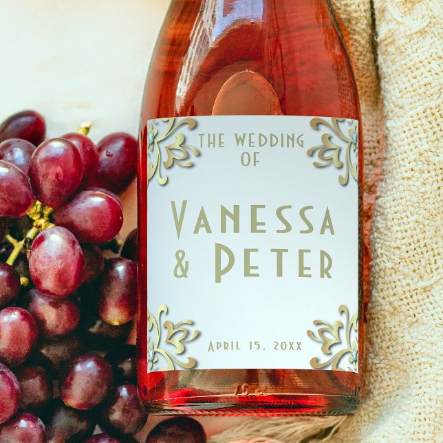Elegant Gold Baroque Border On Silver Wedding  Wine Label (Creator Uploaded)