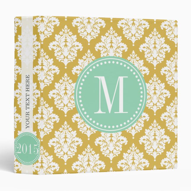 Elegant Gold Beige Mint Damask Personalized Binder (Front/Spine)
