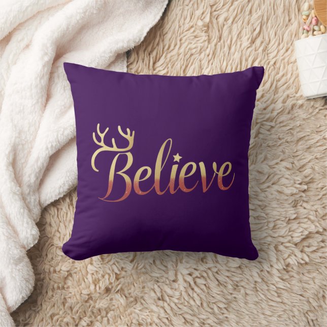 Elegant Gold Believe Antler Christmas Accent Throw Pillow (Blanket)