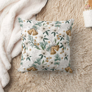 Elegant Gold Bells & White Winter Floral Pattern Throw Pillow