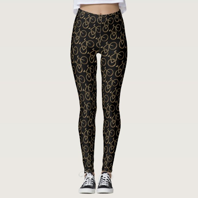 Elegant Gold Bike Pattern Bicycle Cycling Cyclist Leggings (Front)