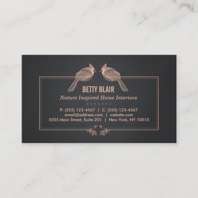 Elegant Gold Birds Black Nature Business Card (Front)