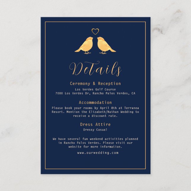 Elegant Gold Birds Navy Blue Wedding Details Enclosure Card (Front)