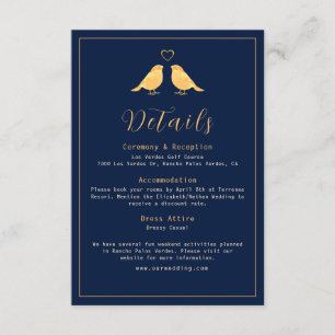 Elegant Gold Birds Navy Blue Wedding Details Enclosure Card