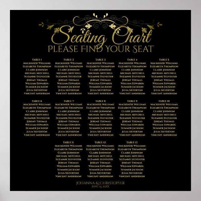 Elegant Gold Black 13 Table Wedding Seating Chart (Front)