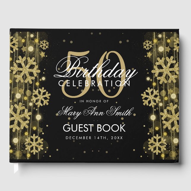 Elegant Gold Black 50th Birthday Winter Glitter Guest Book (Front)