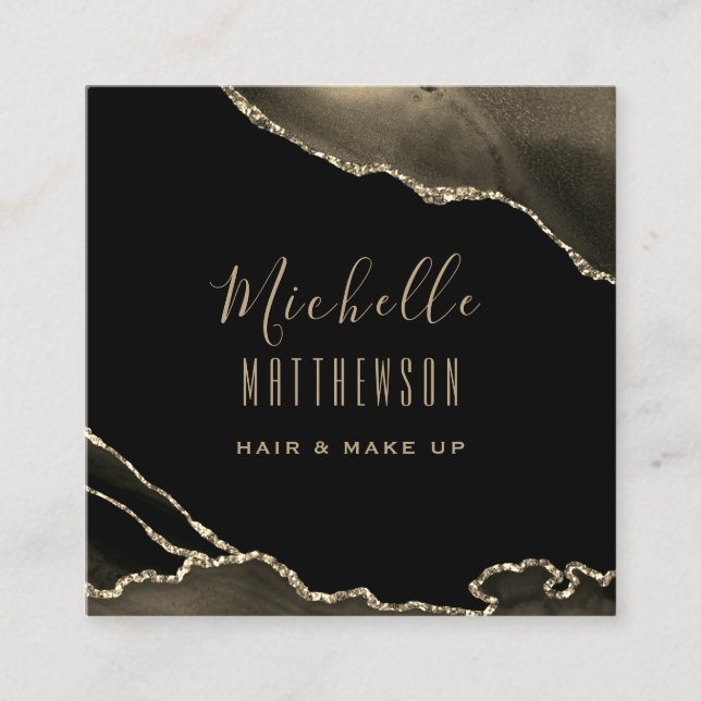 Elegant Gold Black Agate Marble Script Square Business Card (Front)