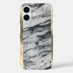   Elegant Gold Black and White Marble Add Monogram iPhone 16 Case