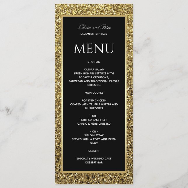 Elegant Gold Black and White Wedding Menu (Front)