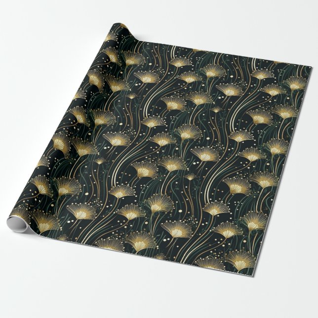 Elegant gold black art deco floral wrapping paper (Unrolled)