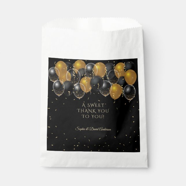 Elegant Gold Black Balloons Confetti Wedding Favour Bag (Front)
