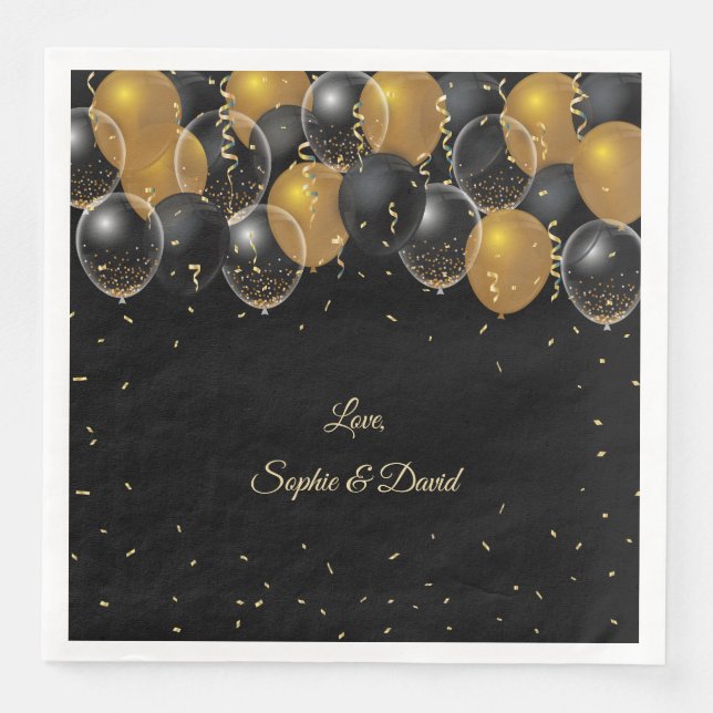Elegant Gold Black Balloons Confetti Wedding Napkin (Front)