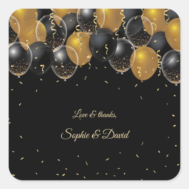 Elegant Gold Black Balloons Confetti Wedding Square Sticker (Front)